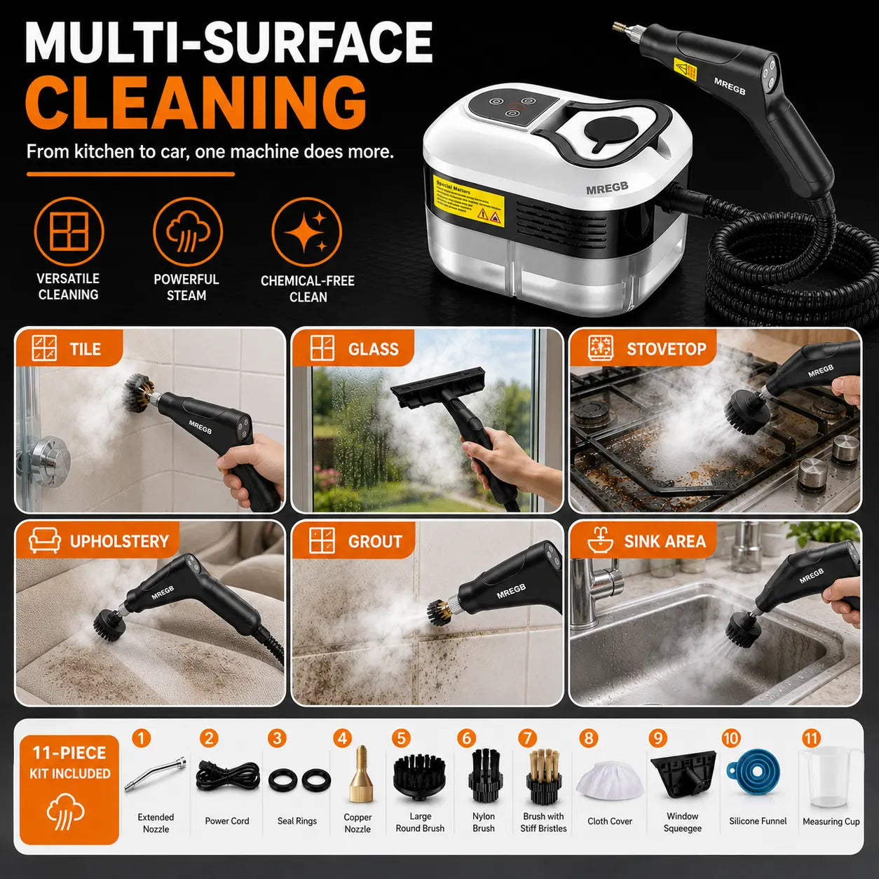 MREGB Portable High-Temperature Handheld Steam Cleaner for Deep Cleaning with Accessories - Ideal for Car Detailing, Kitchen Grease, Bathroom Tiles, and Multi-Surface Home Use