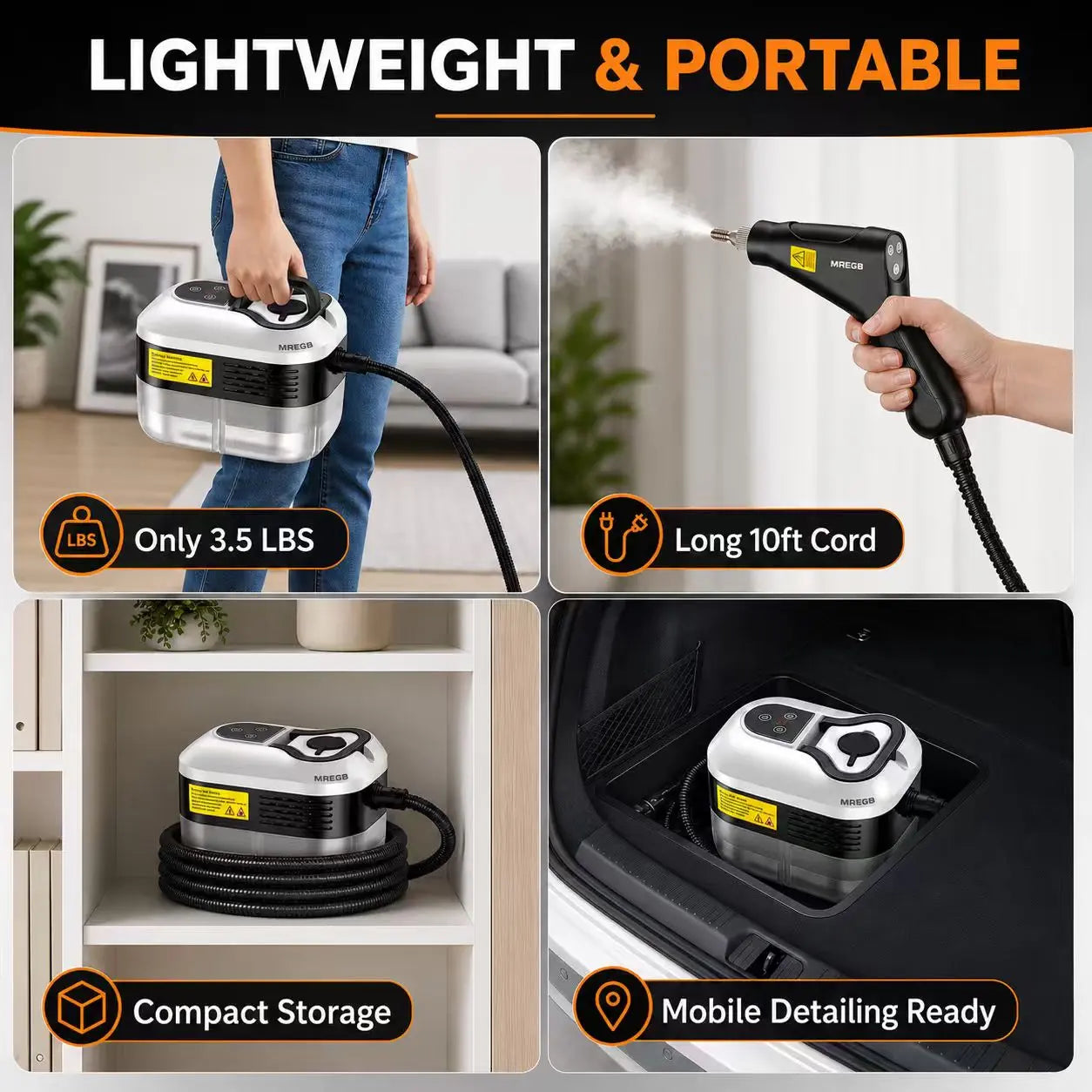 MREGB Portable High-Temperature Handheld Steam Cleaner for Deep Cleaning with Accessories - Ideal for Car Detailing, Kitchen Grease, Bathroom Tiles, and Multi-Surface Home Use