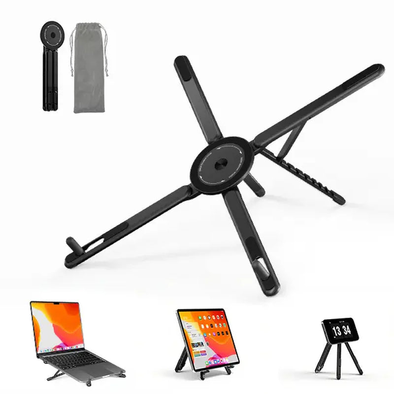 Viozon Portable Adjustable Laptop Stand with Magnetic Phone Holder - Foldable Aluminum Riser for 10–16” Laptops and 4–13” Phones/Tablets (Silver)