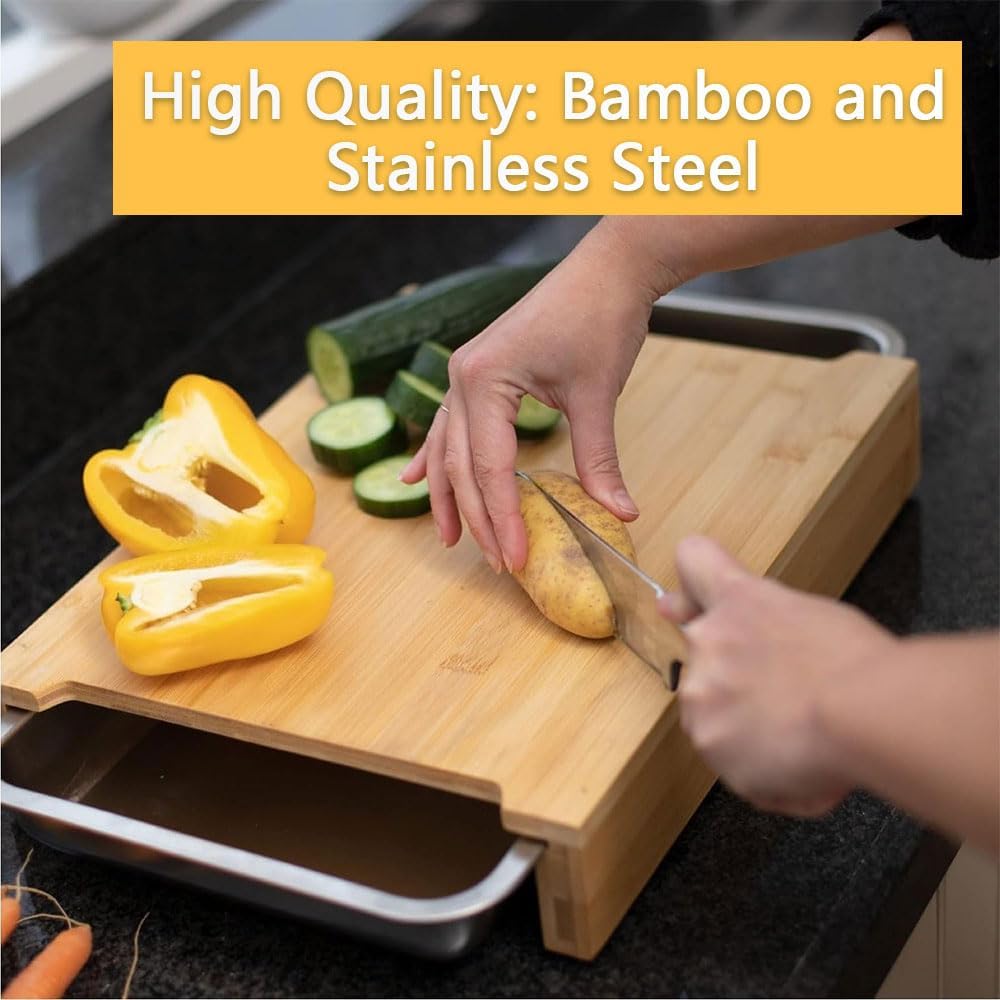  Bamboo Cutting Board with Stainless Steel Trays 