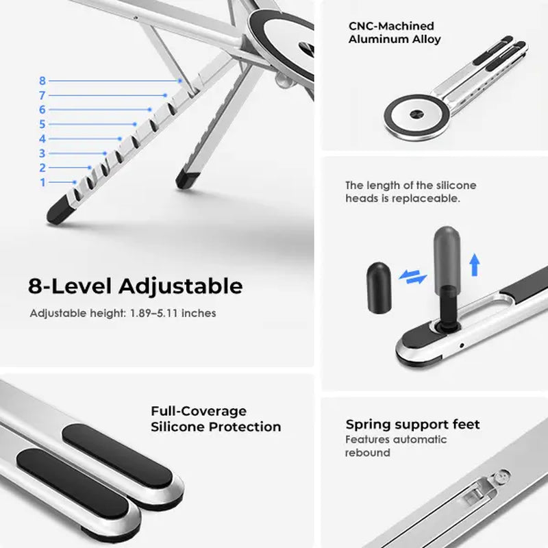 Viozon Portable Adjustable Laptop Stand with Magnetic Phone Holder - Foldable Aluminum Riser for 10–16” Laptops and 4–13” Phones/Tablets (Silver)