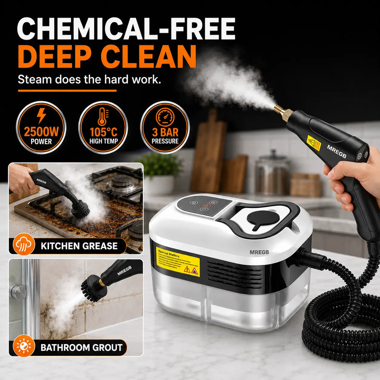 MREGB Portable High-Temperature Handheld Steam Cleaner for Deep Cleaning with Accessories - Ideal for Car Detailing, Kitchen Grease, Bathroom Tiles, and Multi-Surface Home Use