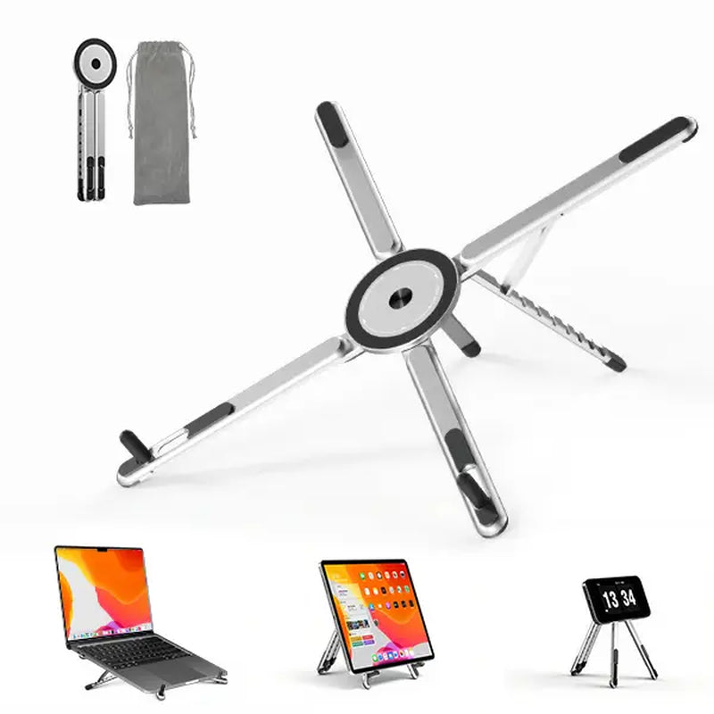 Viozon Portable Adjustable Laptop Stand with Magnetic Phone Holder - Foldable Aluminum Riser for 10–16” Laptops and 4–13” Phones/Tablets (Silver)