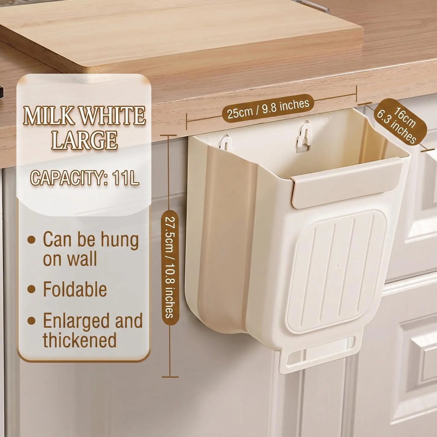 Collapsible Hanging Kitchen Trash Can - Foldable Cabinet Garbage Bin for Countertop and Bathroom (11L)