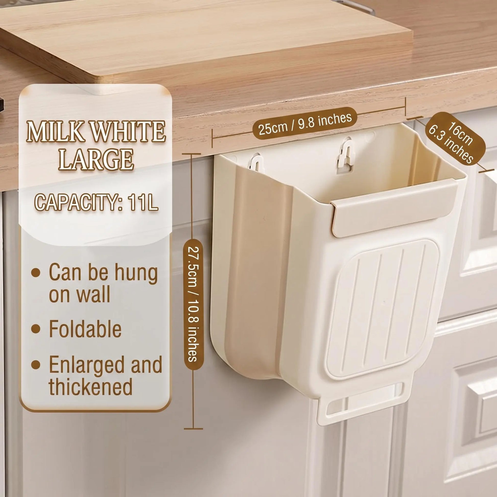 Collapsible Hanging Kitchen Trash Can - Foldable Cabinet Garbage Bin for Countertop and Bathroom (11L)