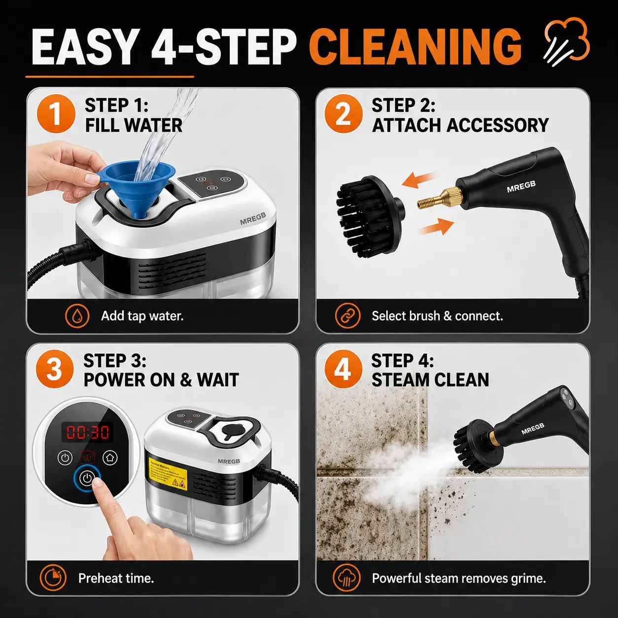 MREGB Portable High-Temperature Handheld Steam Cleaner for Deep Cleaning with Accessories - Ideal for Car Detailing, Kitchen Grease, Bathroom Tiles, and Multi-Surface Home Use