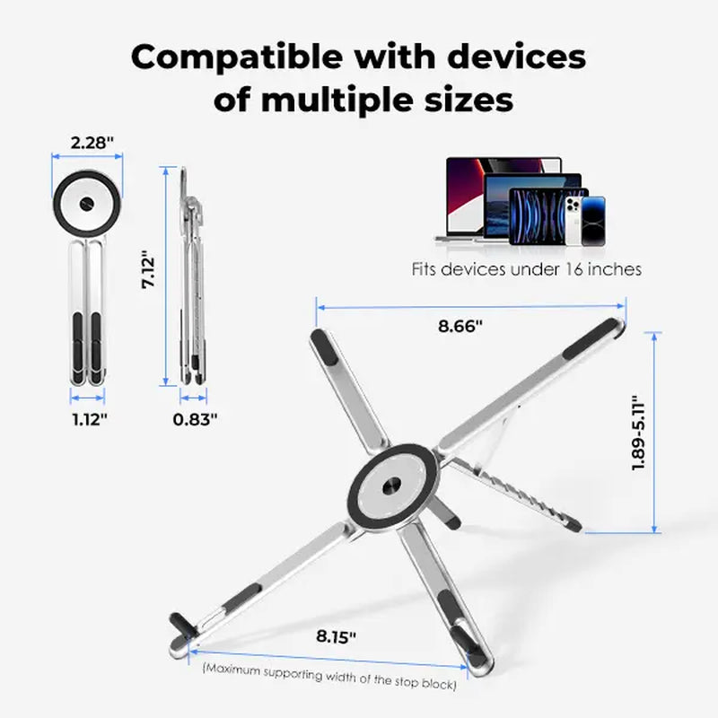 Viozon Portable Adjustable Laptop Stand with Magnetic Phone Holder - Foldable Aluminum Riser for 10–16” Laptops and 4–13” Phones/Tablets (Silver)